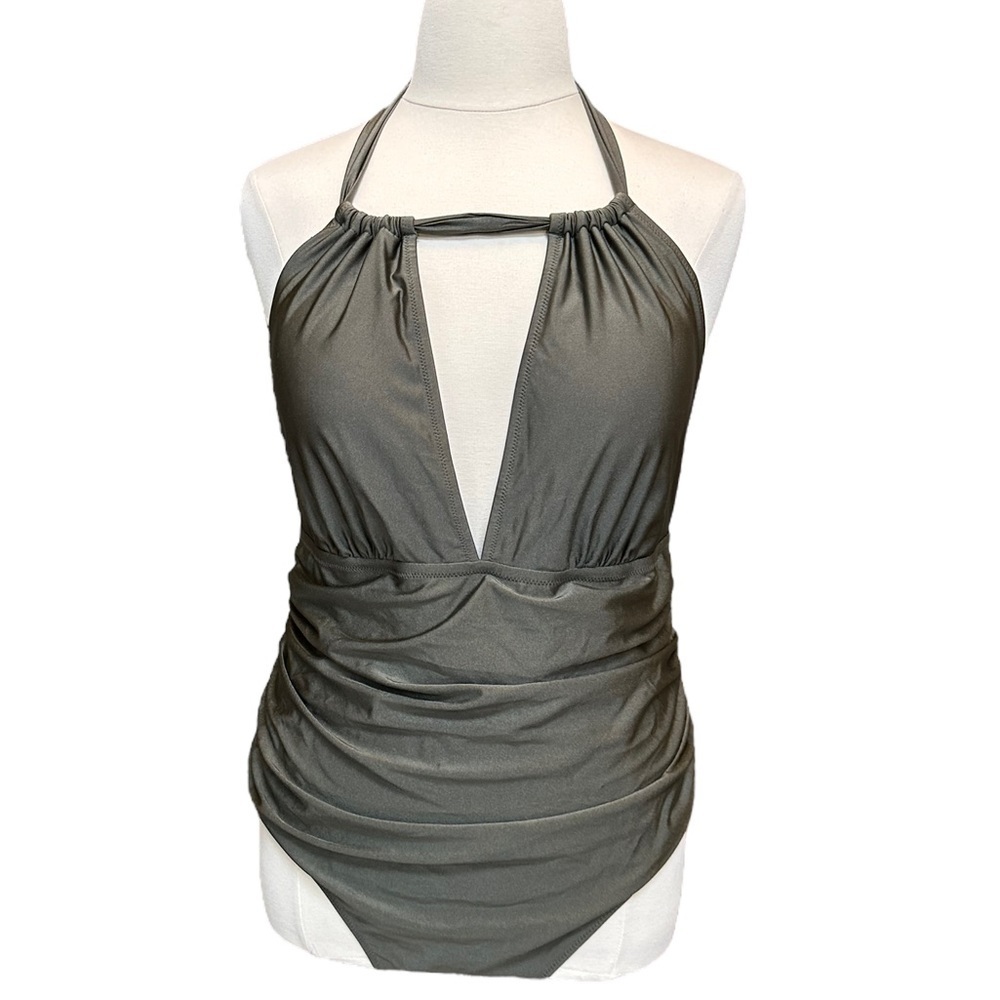 Cupshe One Piece Ruched Cutout Halter Self Tied Swimsuit in Olive Green Size: 3X